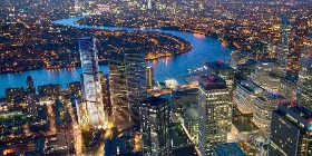 Panorama of London's central financial district Stunning architectural panorama of London's central financial district, showcasing the vicinity of the Dorsett Hotel Canary Wharf London